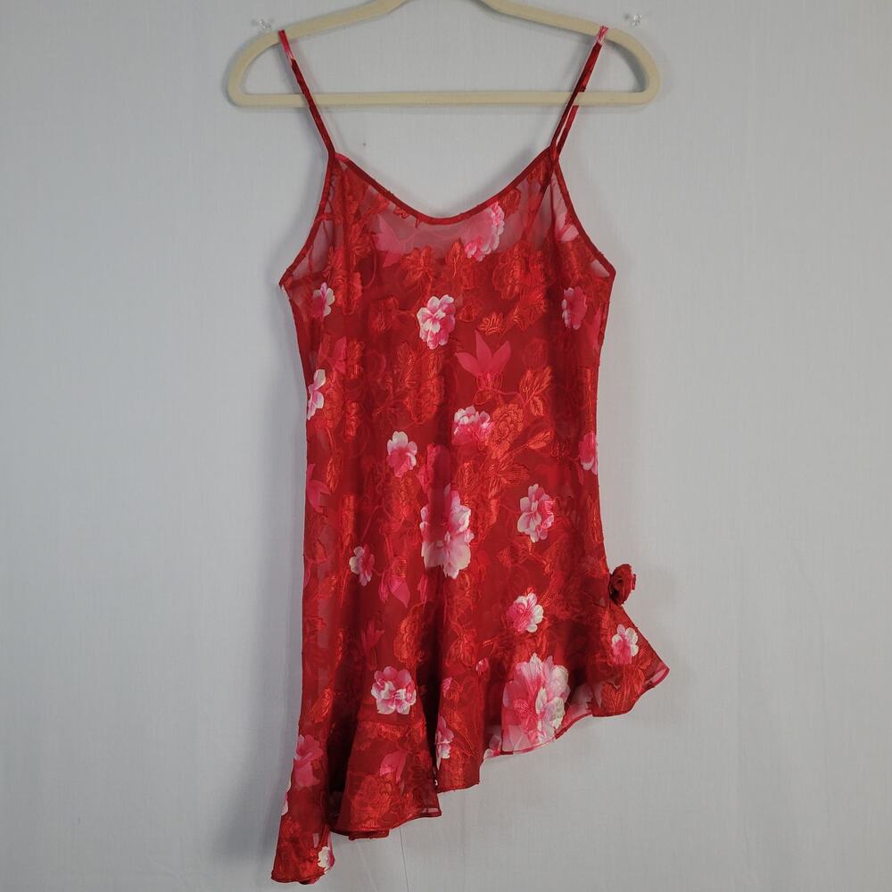 Vtg Floral Asymmetrical Ruffle Hem Chemise Slip Dress size XS 90s Y2K Fairy